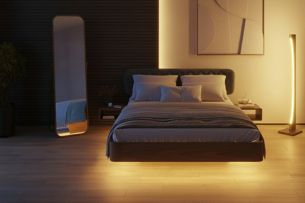 Modern bedroom with a bed, nightstands, and abstract art on the wall.